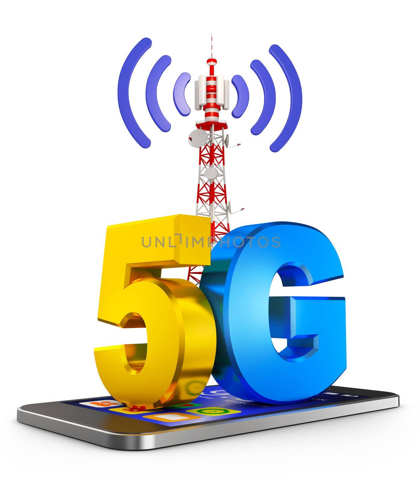 5G on the smartphone and a communications tower. 3d rendering.