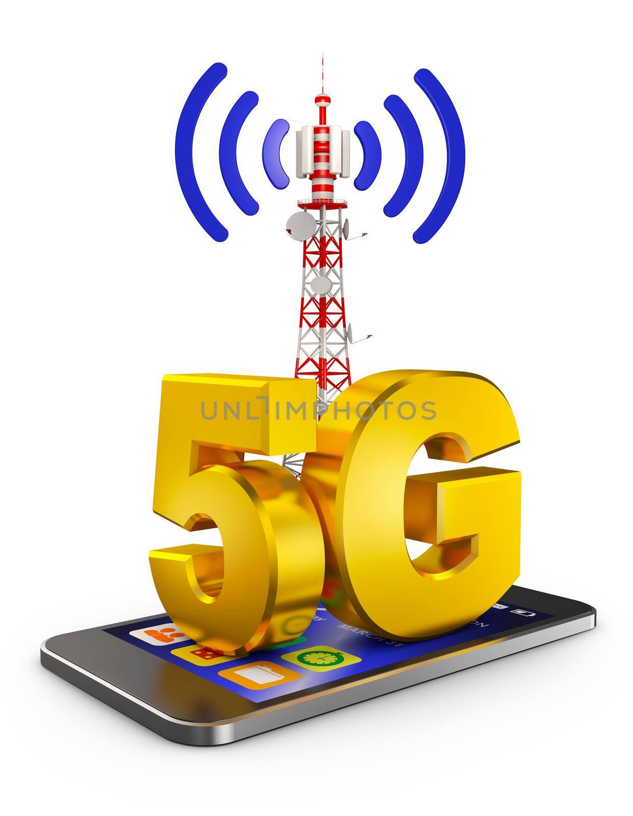 5G on the smartphone and a communications tower. 3d rendering.