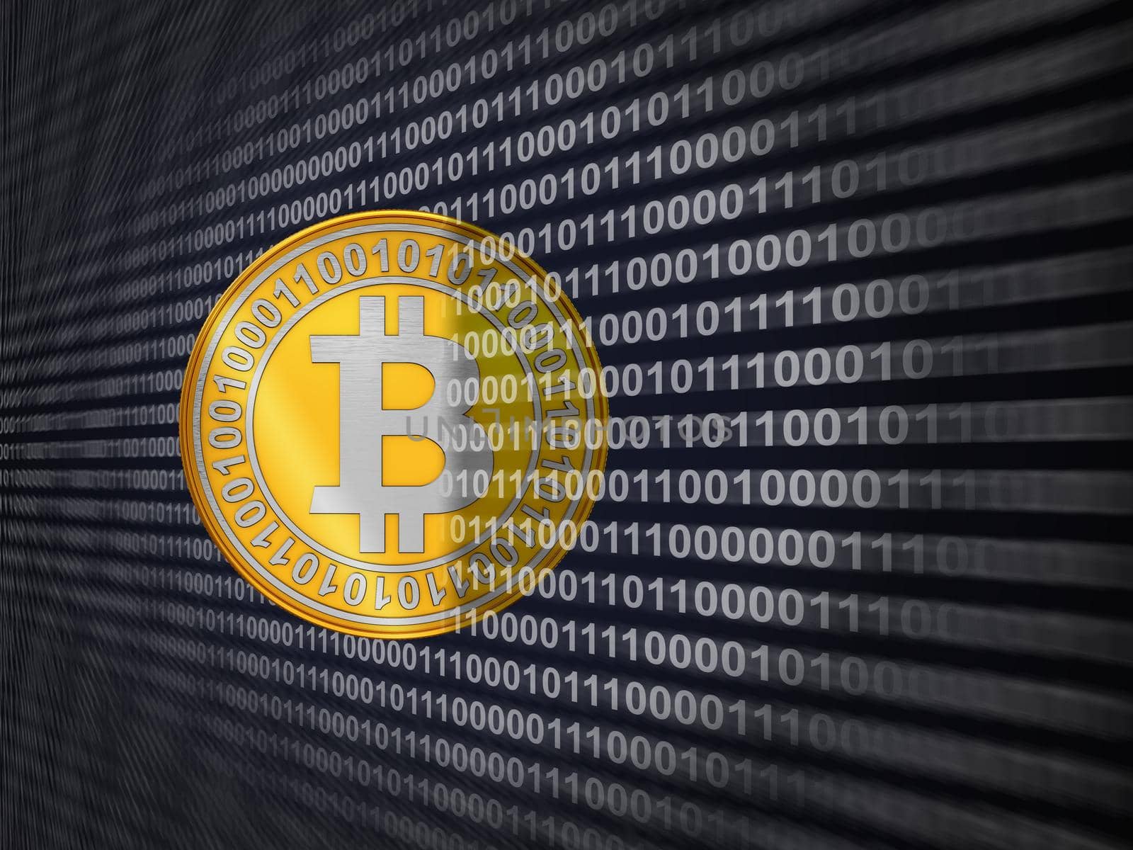 Coin bitcoin on the background of binary code. 3d rendering.