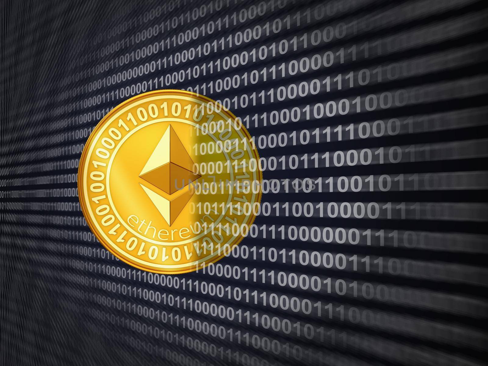 Coin etherum on the background of binary code. 3d rendering.