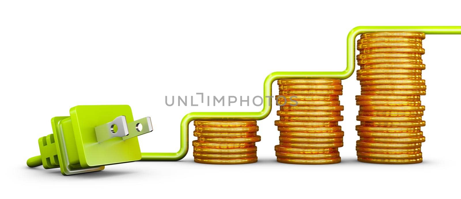 Green American standard plug and stacks of coins. 3d render