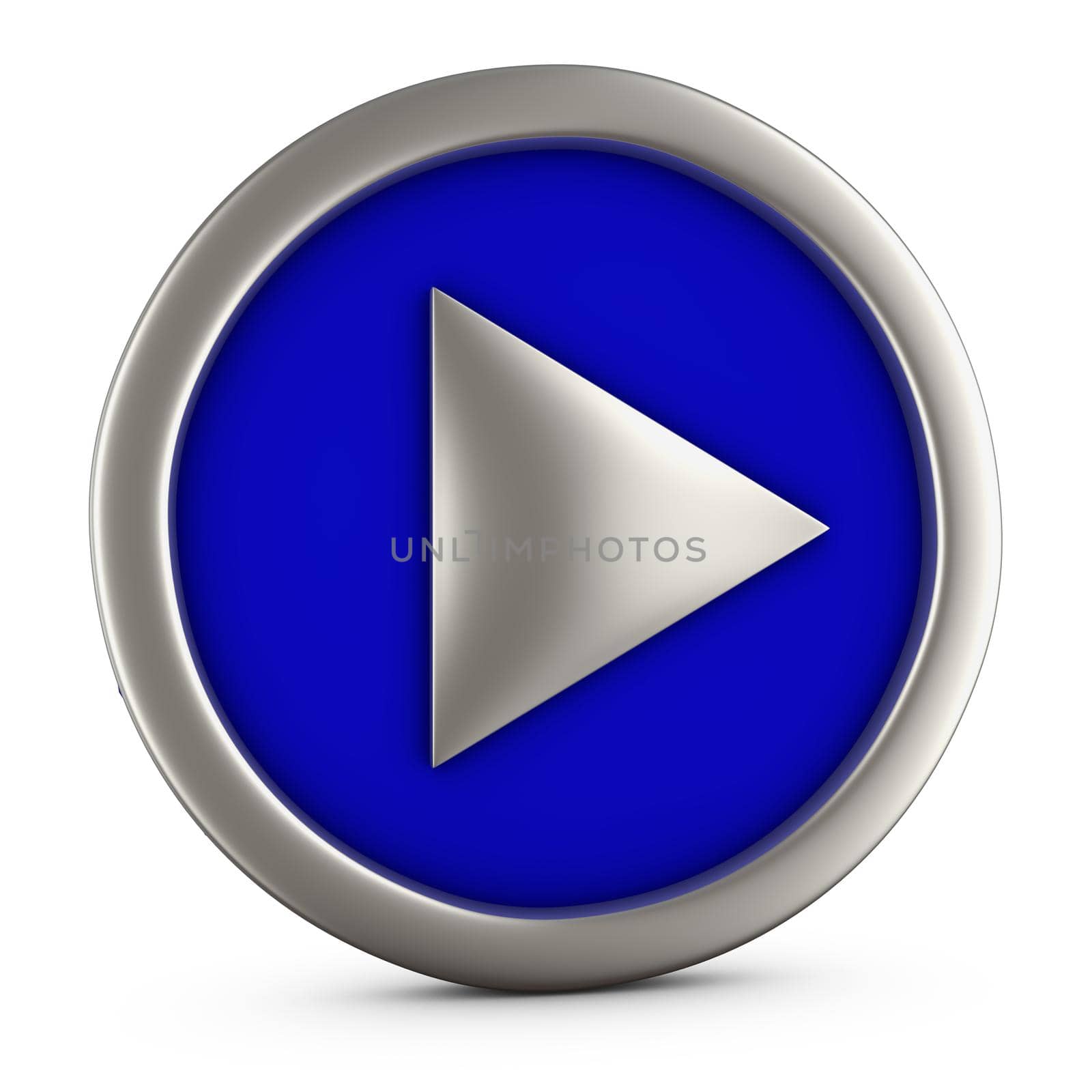 Blue play button on white background. 3d rendering.
