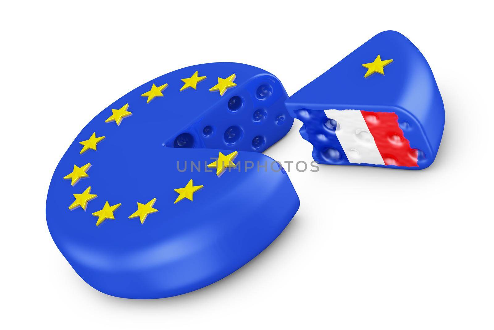 Head cheese in the form of the EU flag and piece with the flag of the France. 3d render.