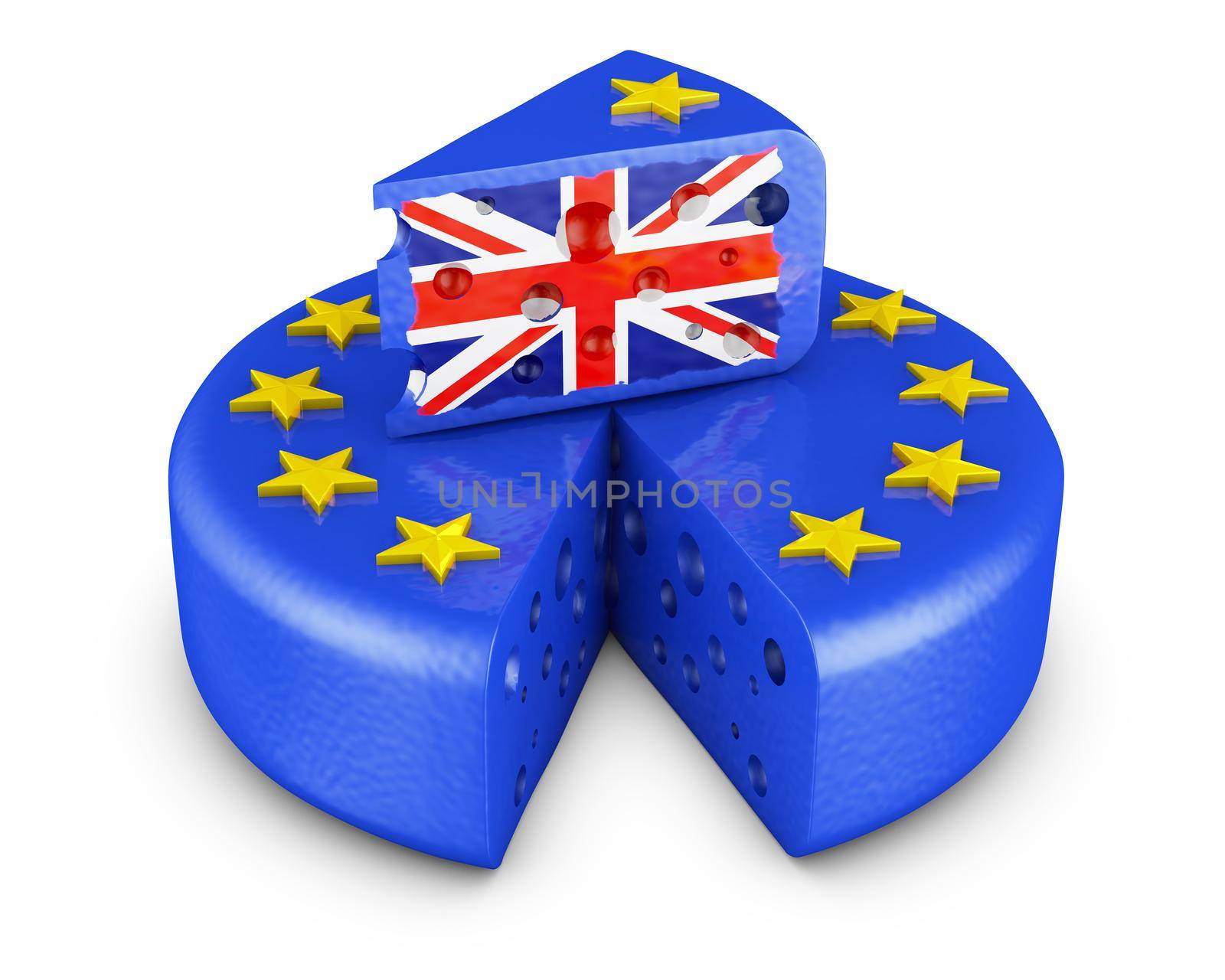 Head of cheese in the form of the EU flag and a piece with the flag of the UK. 3d render.