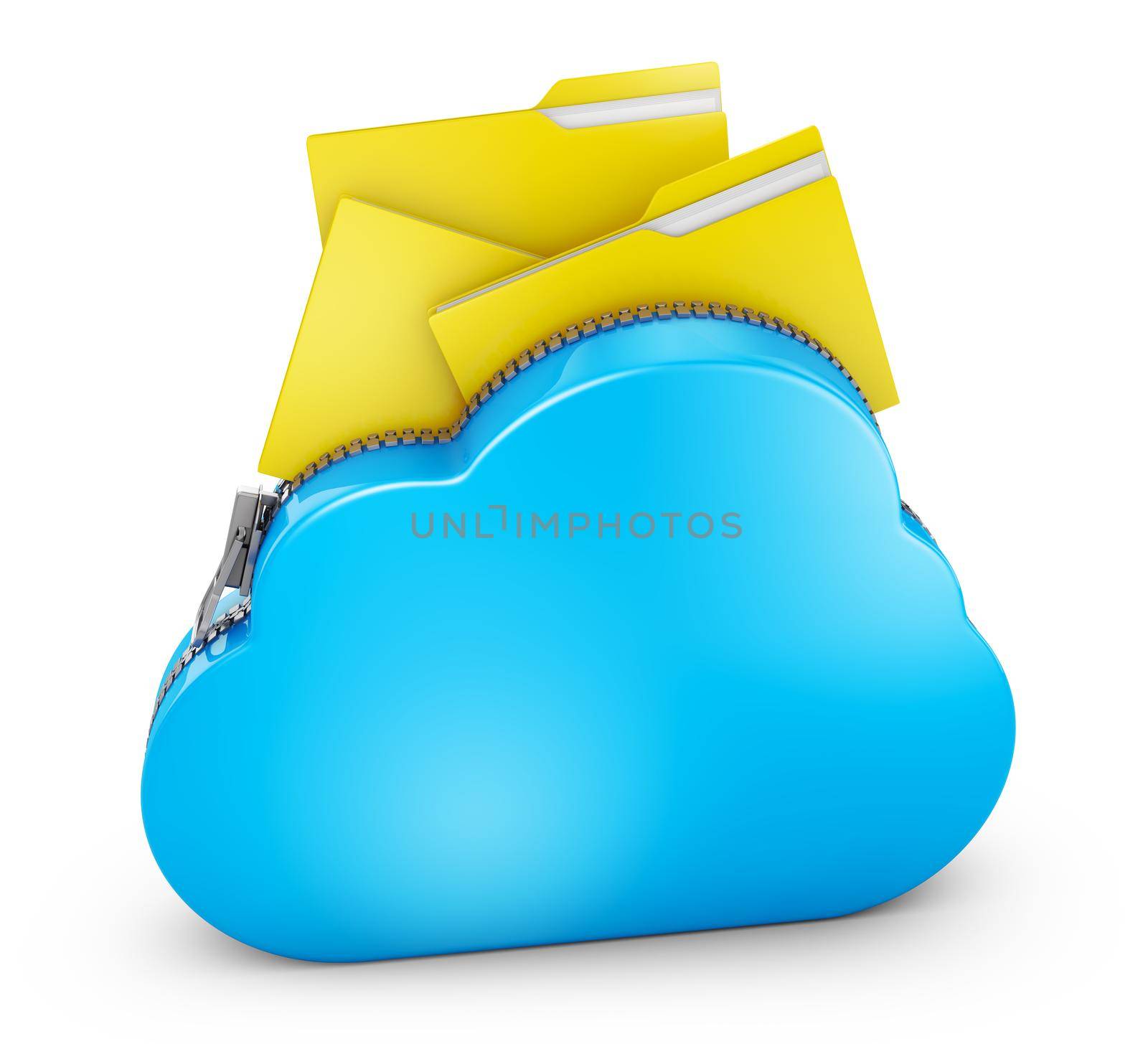 Cloud with a zipper and folders with files. 3D rendering.