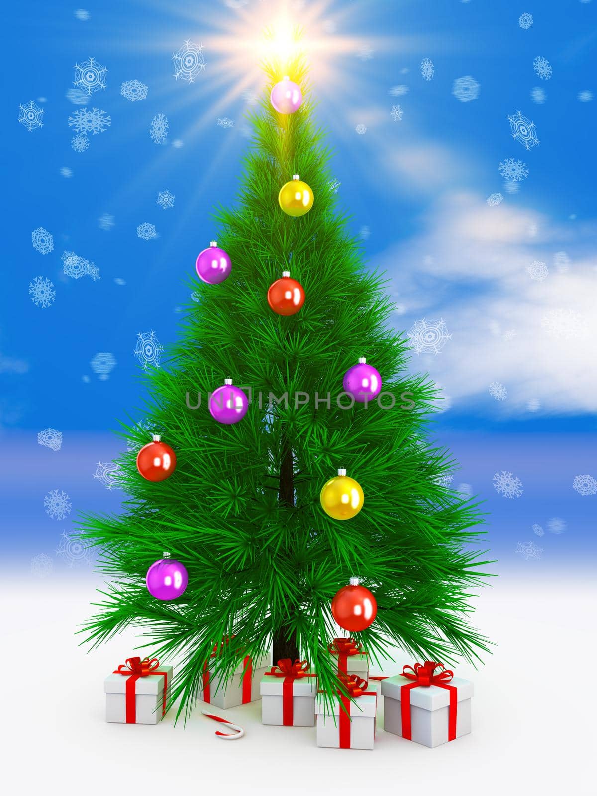 Christmas tree on the snow and gift. 3d render