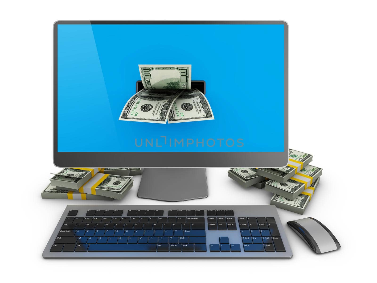 Computer and packs of dollars on a white background. 3d render