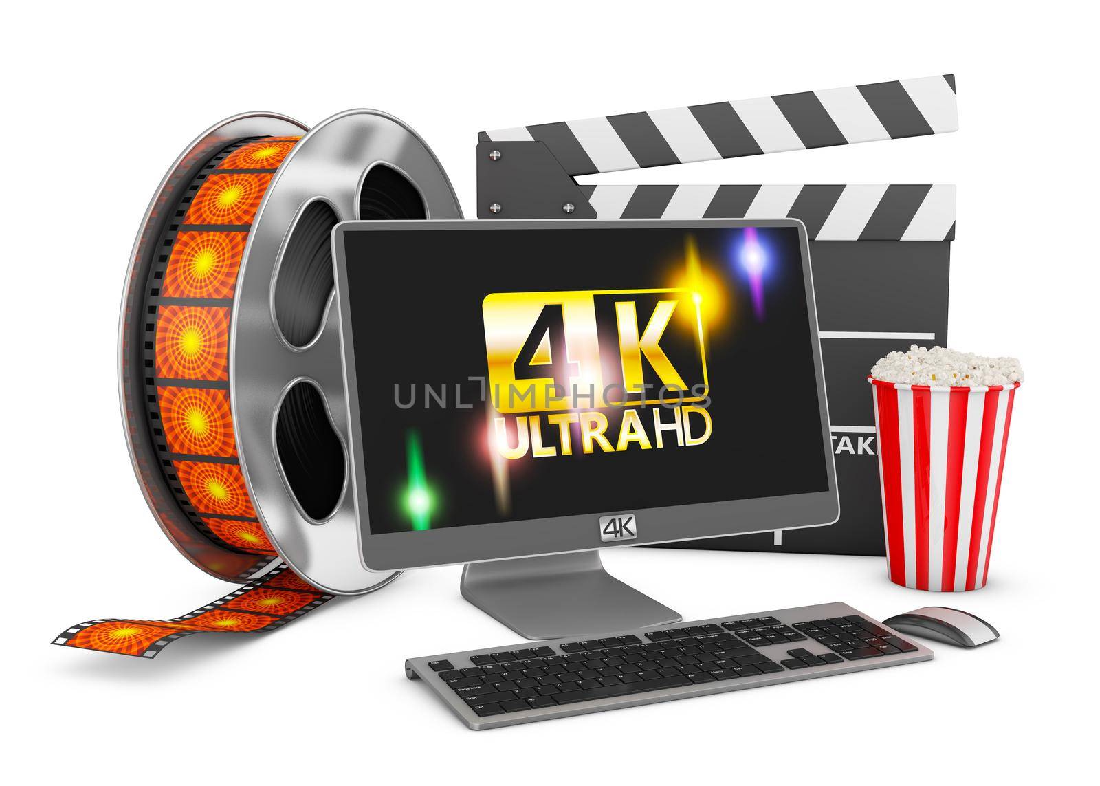 Modern computer with an inscription on the screen 4K, popcorn and film strip on a white background.3d rendering.