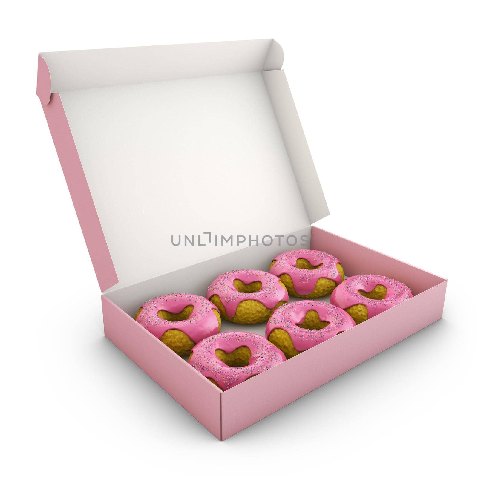 Donuts with pink icing in the box. 3d rendering.