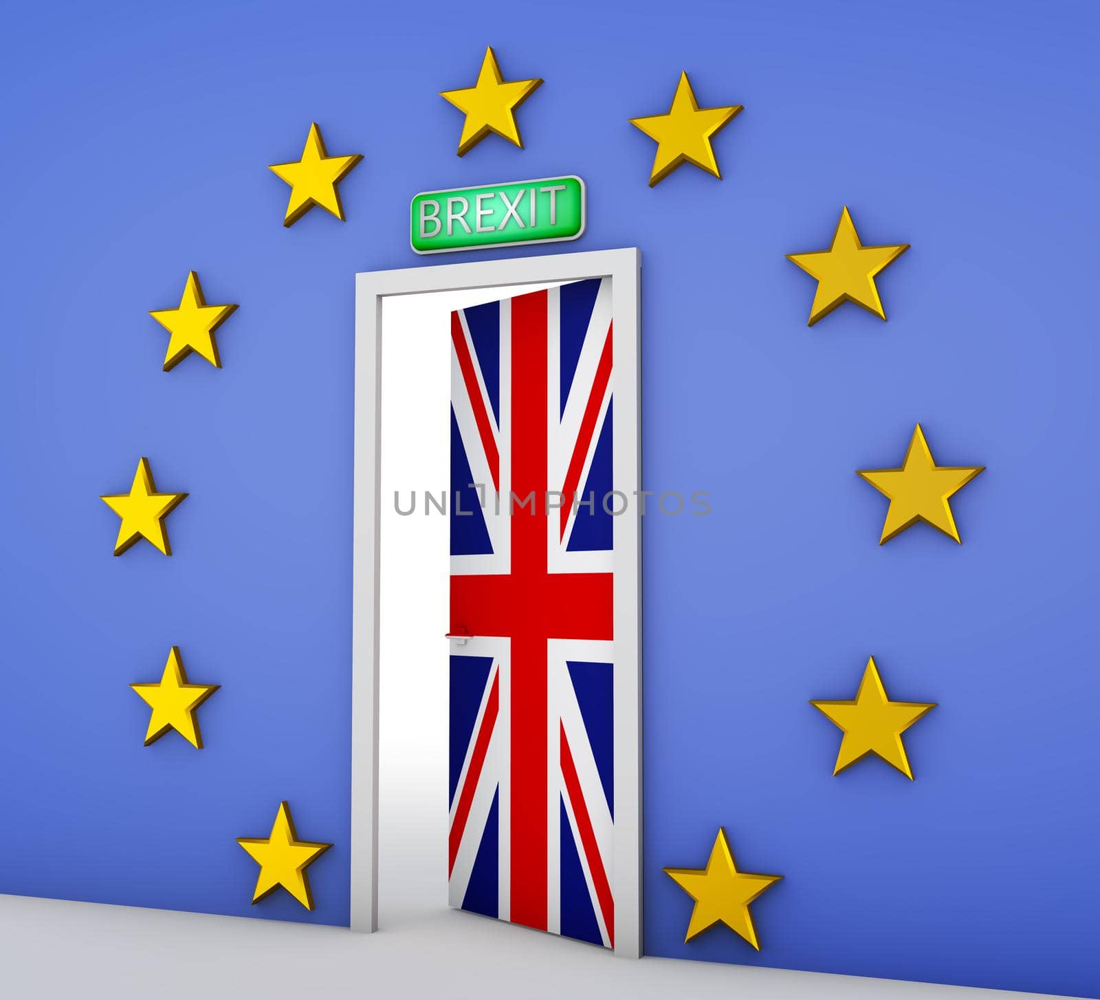 Wall in the form of a flag of the European Union and a door with the flag of the Great Britain. 3d rendering.