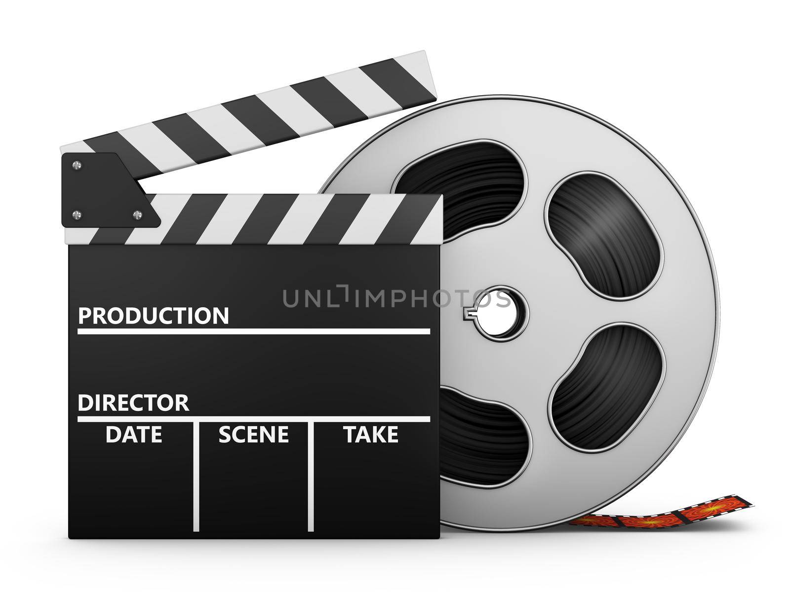 Roll of film and clipboard. 3d rendering.