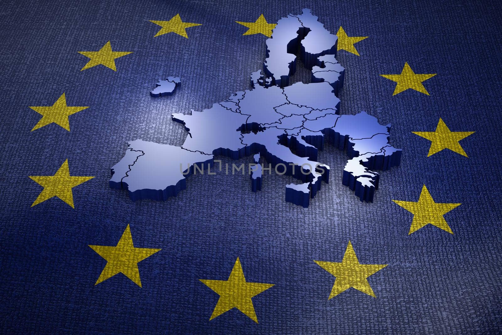 The volume map of the European Union on the flag. 3d rendering.