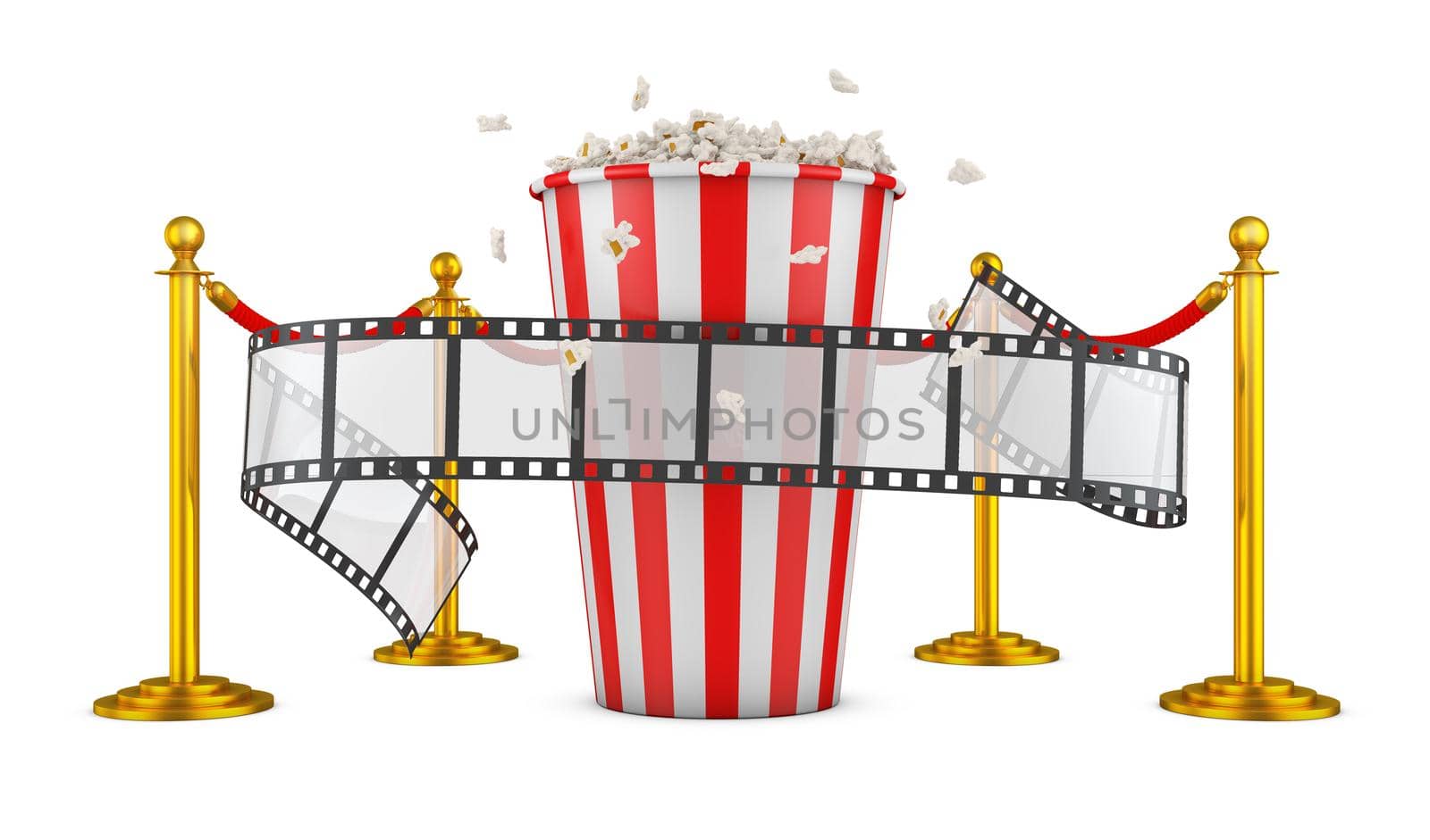 A film and popcorn on a background of pillars with a red rope. 3d rendering.