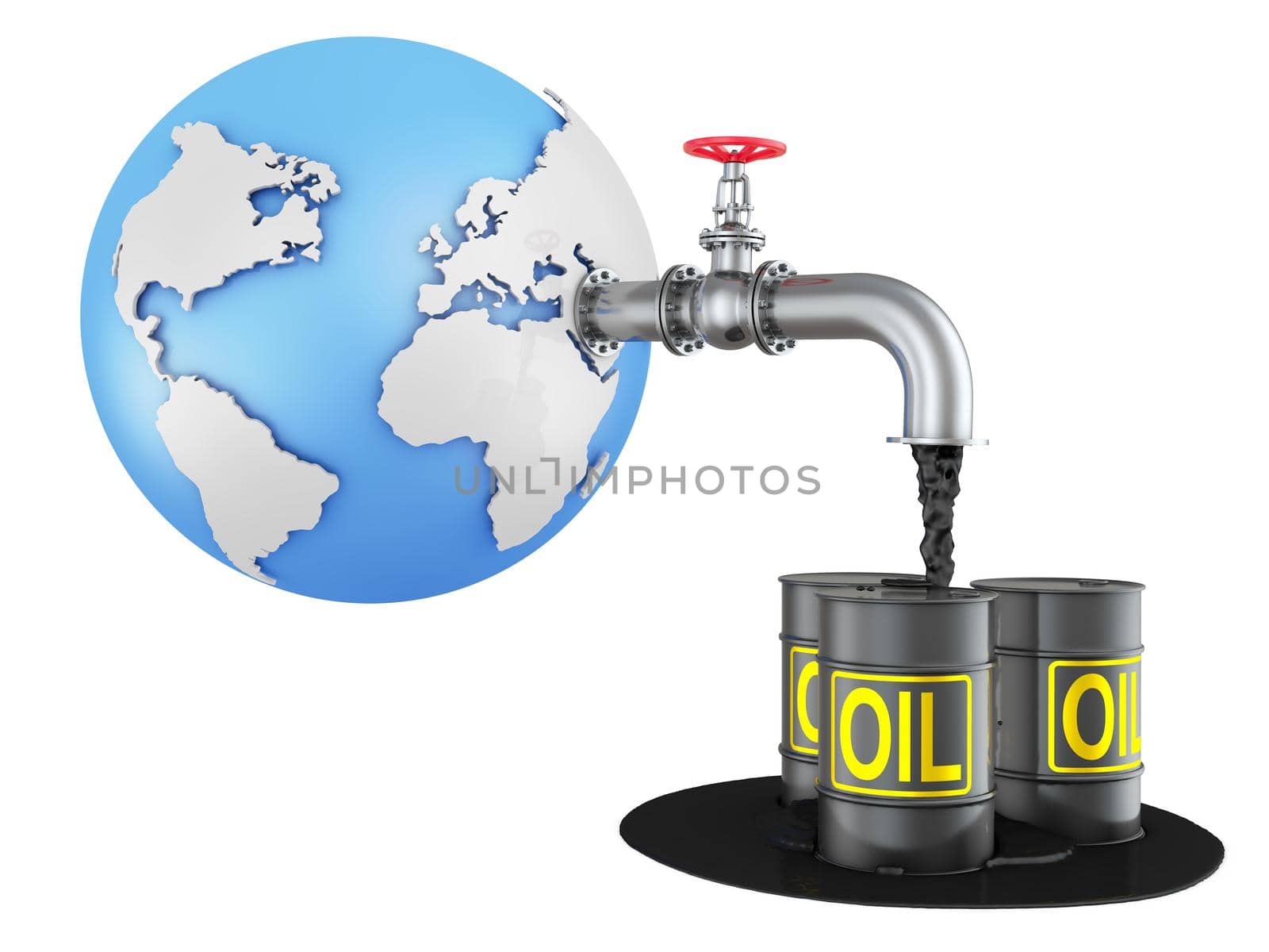 The globe with an oil pipe from which oil flows on barrels. 3d render