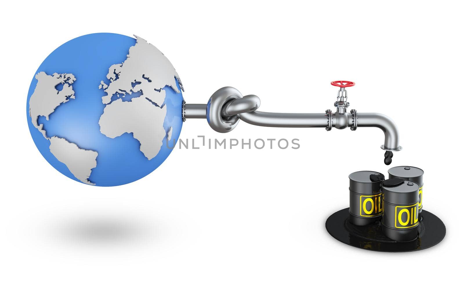 The globe with an oil pipe from which oil flows on barrels. 3d render