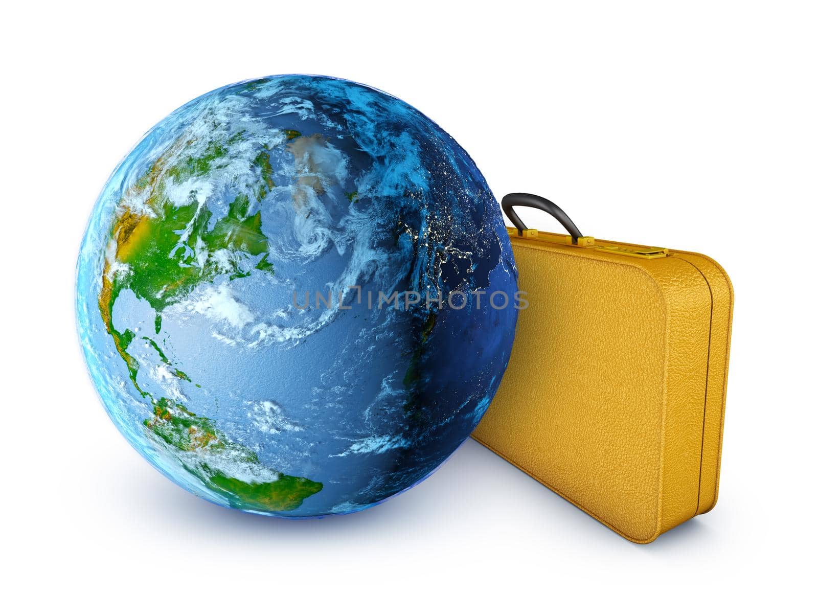 Globe and yellow suitcase on a white background. 3d render