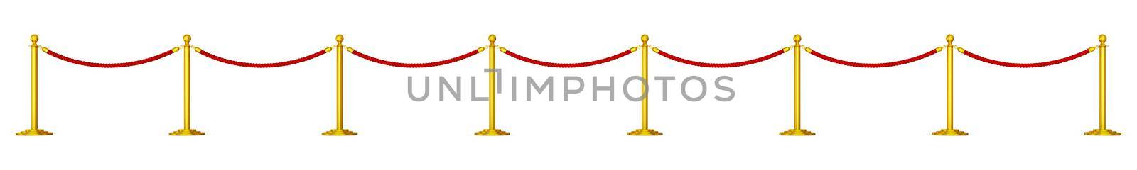 Golden pillars with red ropes on a white background. 3d rendering.