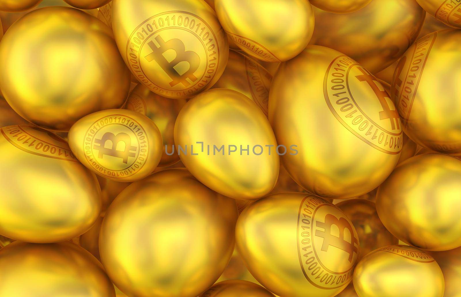 Golden eggs with the inscription bitcoin. 3d rendering.