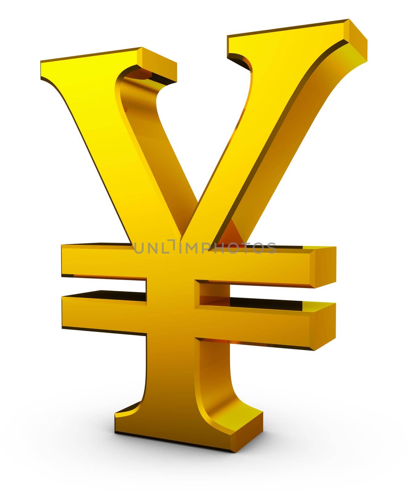 Golden sign of Chinese yuan on white background. 3d rendering.