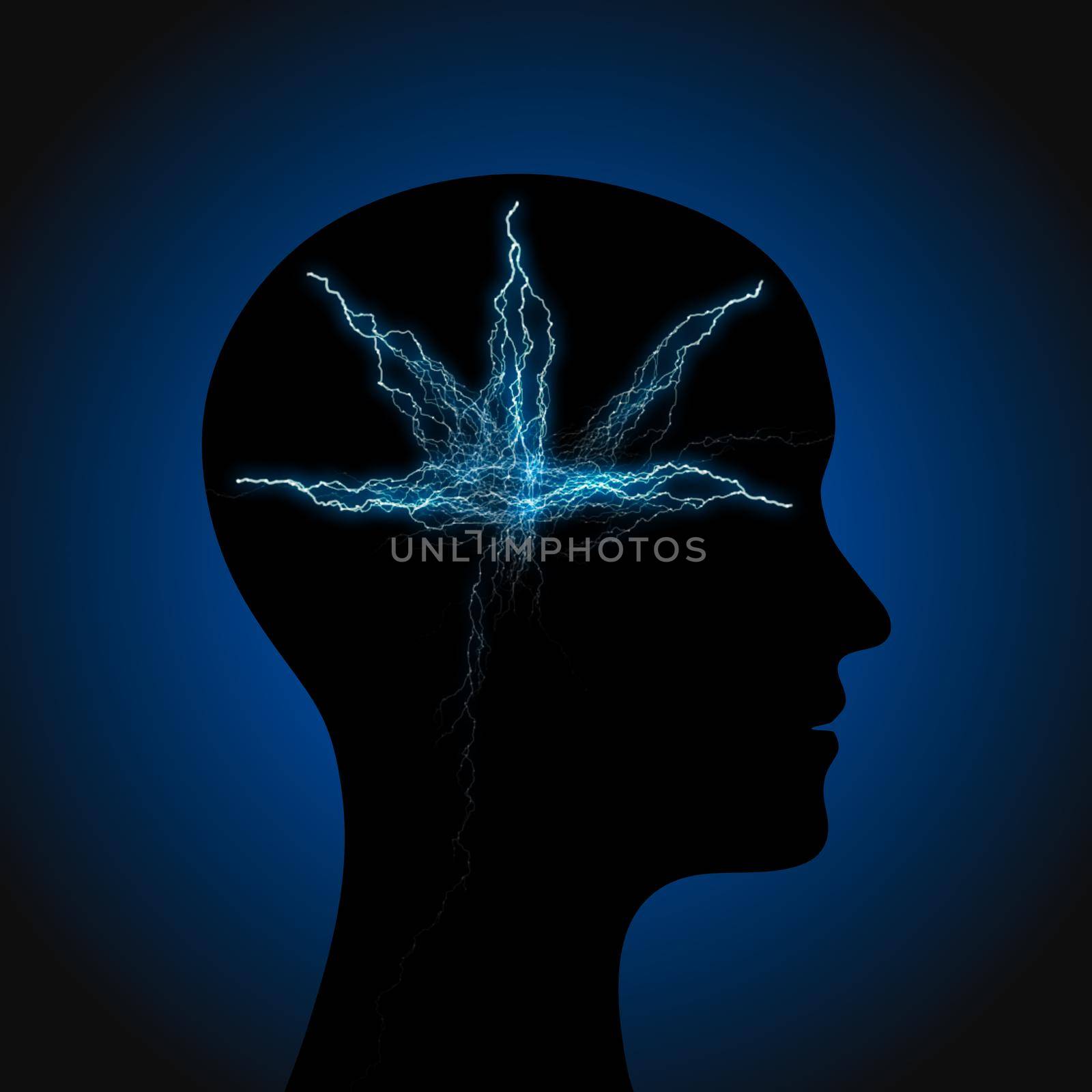 Silhouette of a man's head with lightning.