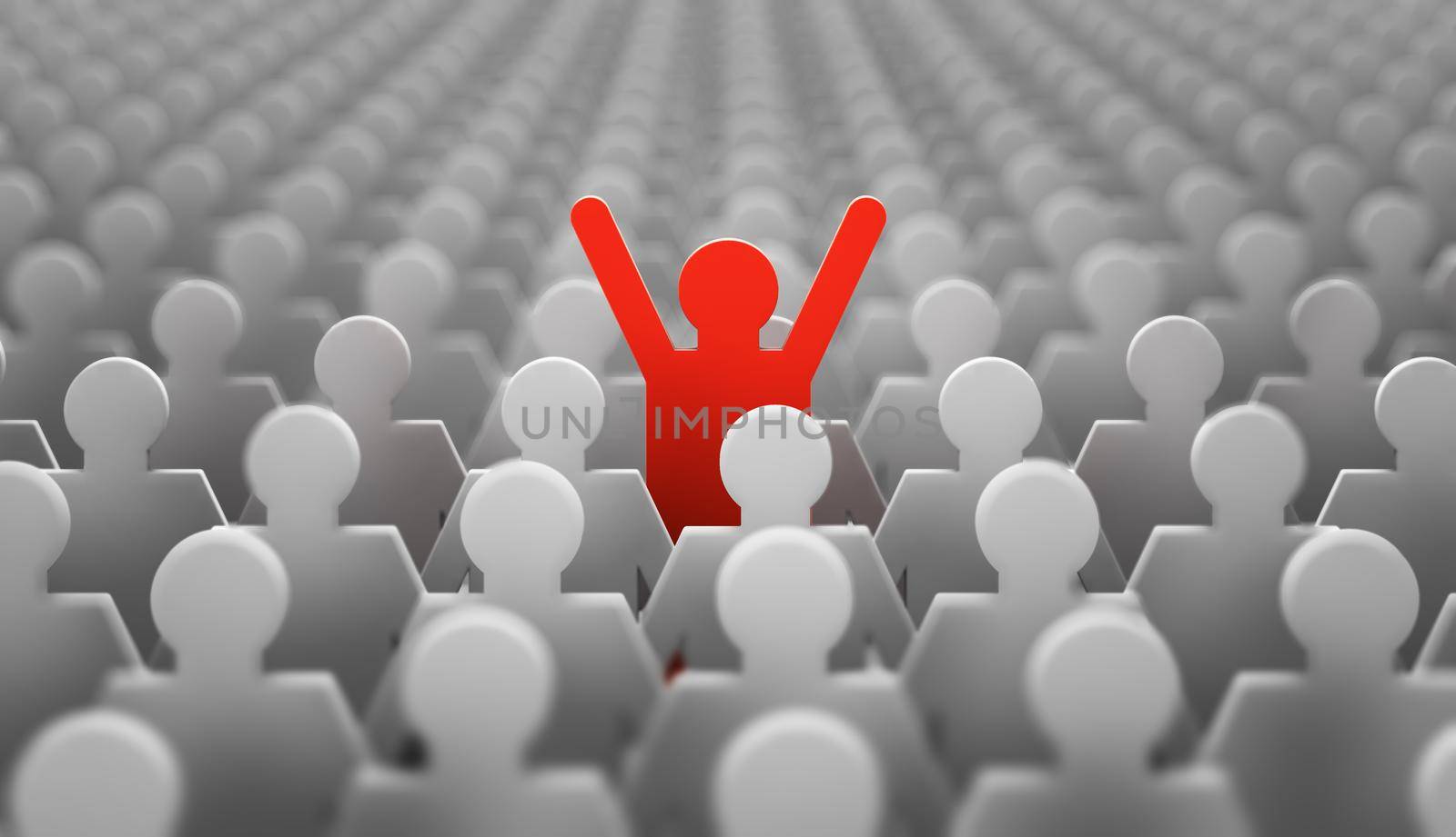 The symbol of a leader in the form of a red man with his hands up in a crowd of white men. 3d render