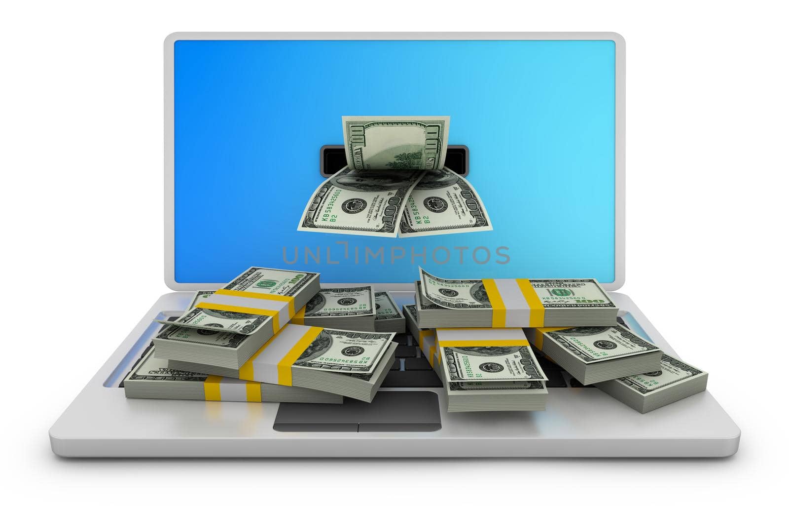 Laptop and packs of dollars on a white background. 3d render