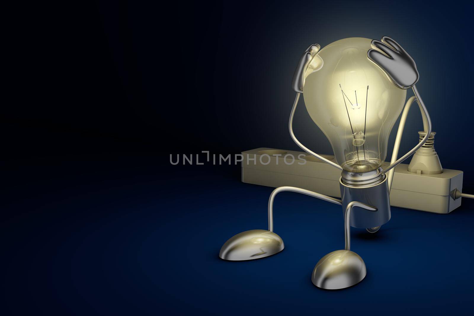 Incandescent lamp holding his hands behind his head. 3d render.