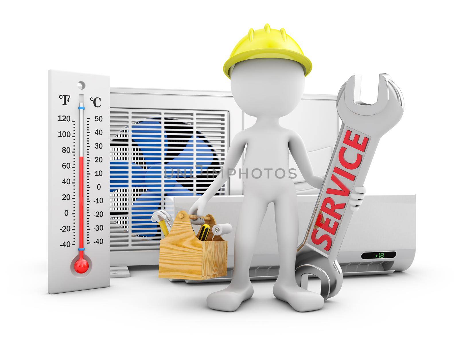 Man with a wrench on the background of the air conditioner. 3d rendering.