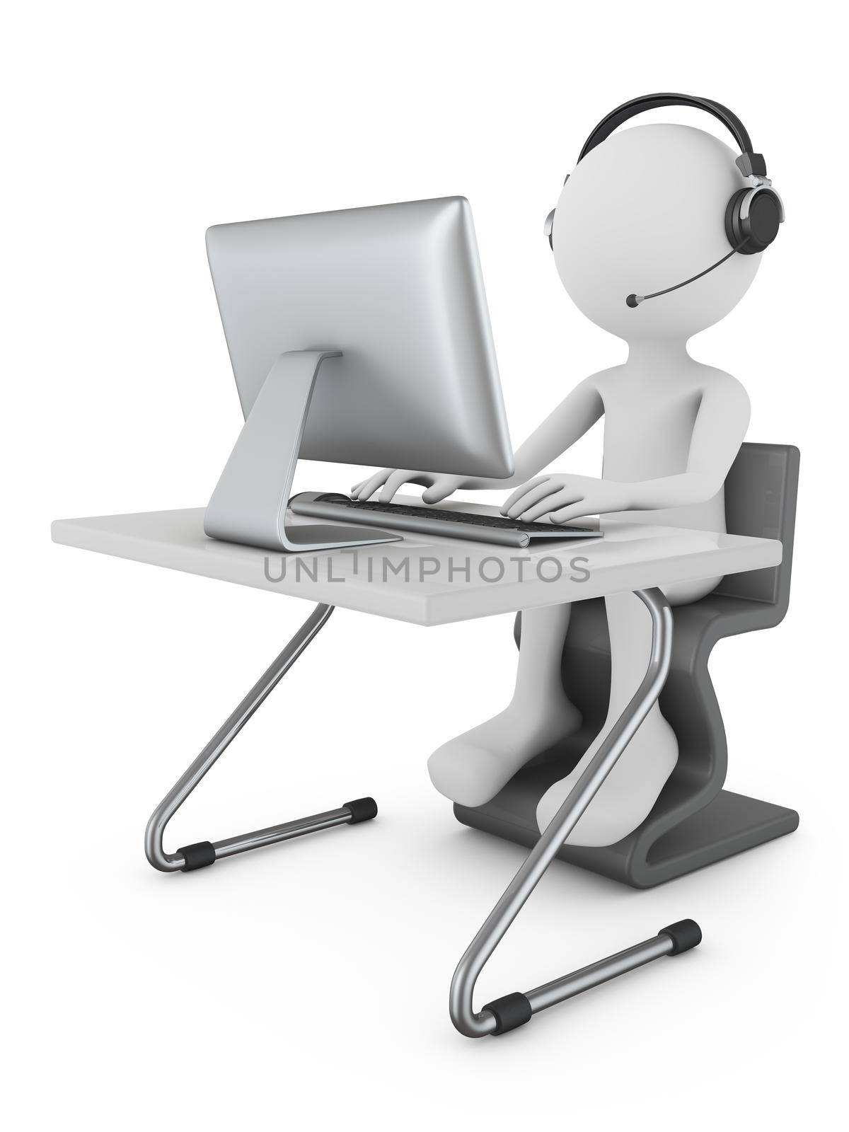 A man in headphones with a microphone sits at a table with a personal computer. 3d rendering.