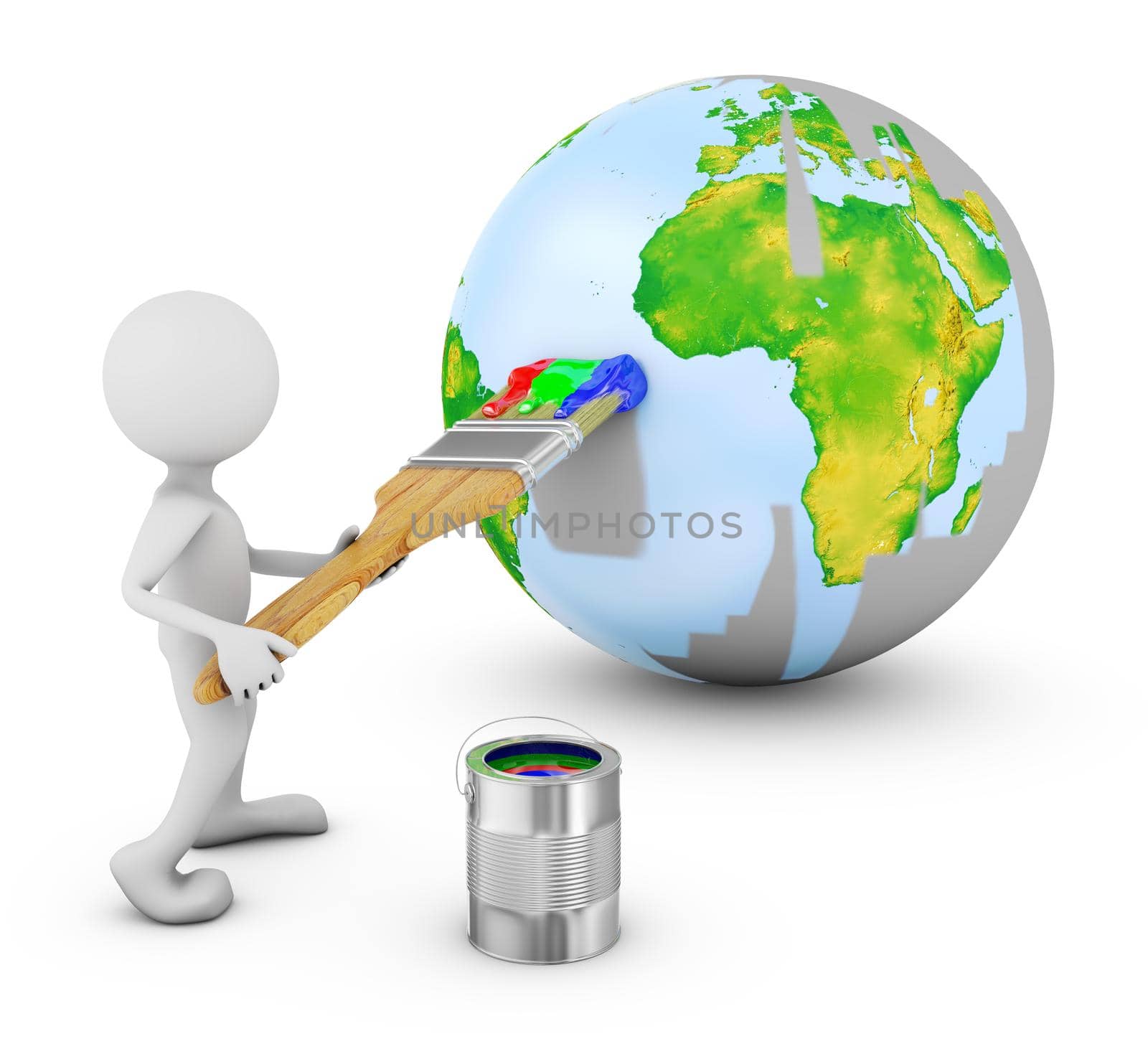 A man with a brush paints the earth on the sphere. 3d rendering.Elements of this image are furnished by NASA.
