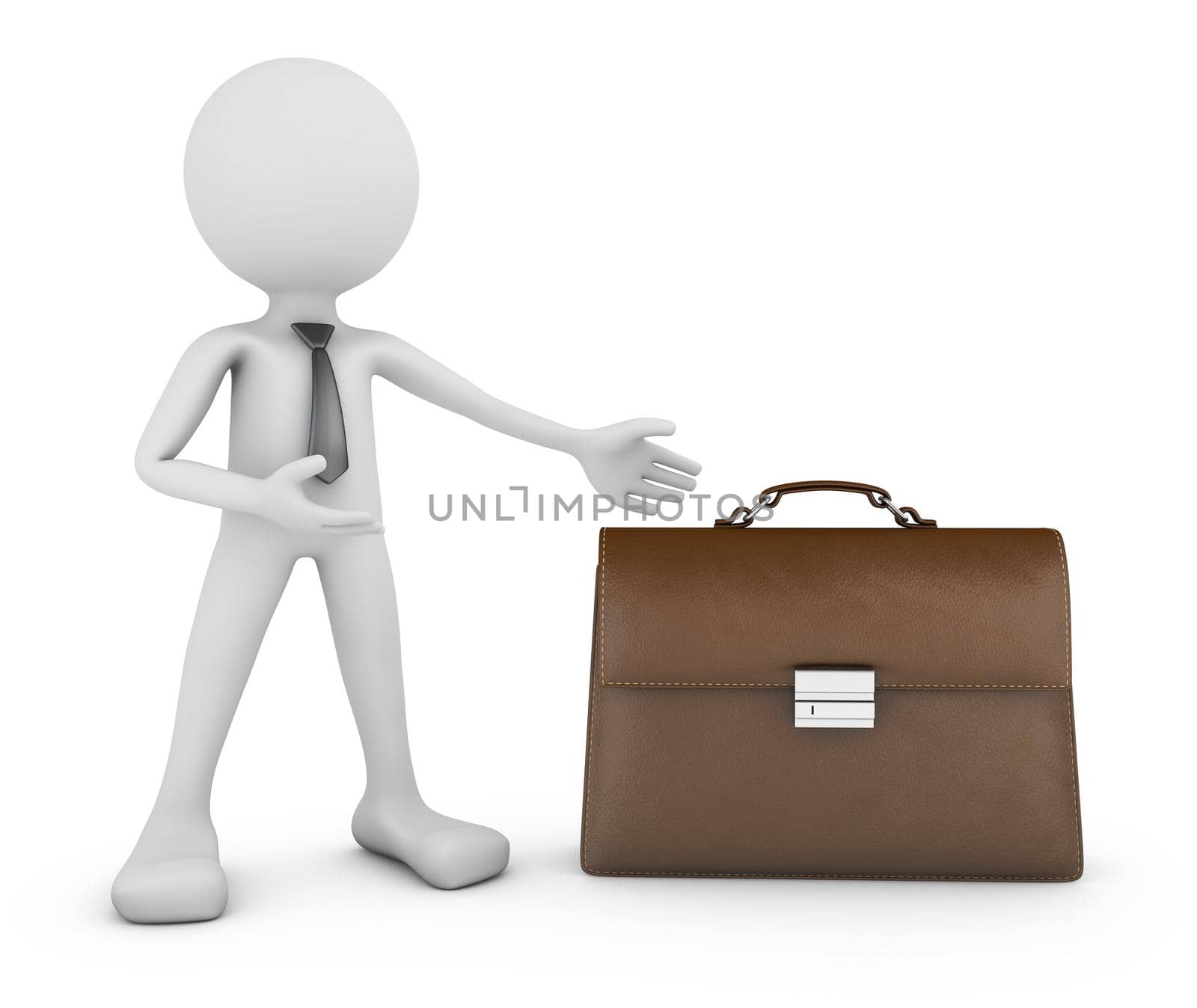 Man points his hands to the briefcase. 3d rendering.