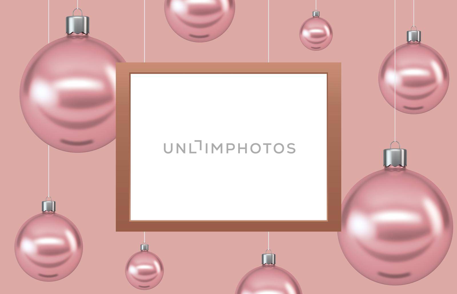White frame mockup on the background of Christmas balls. 3d render