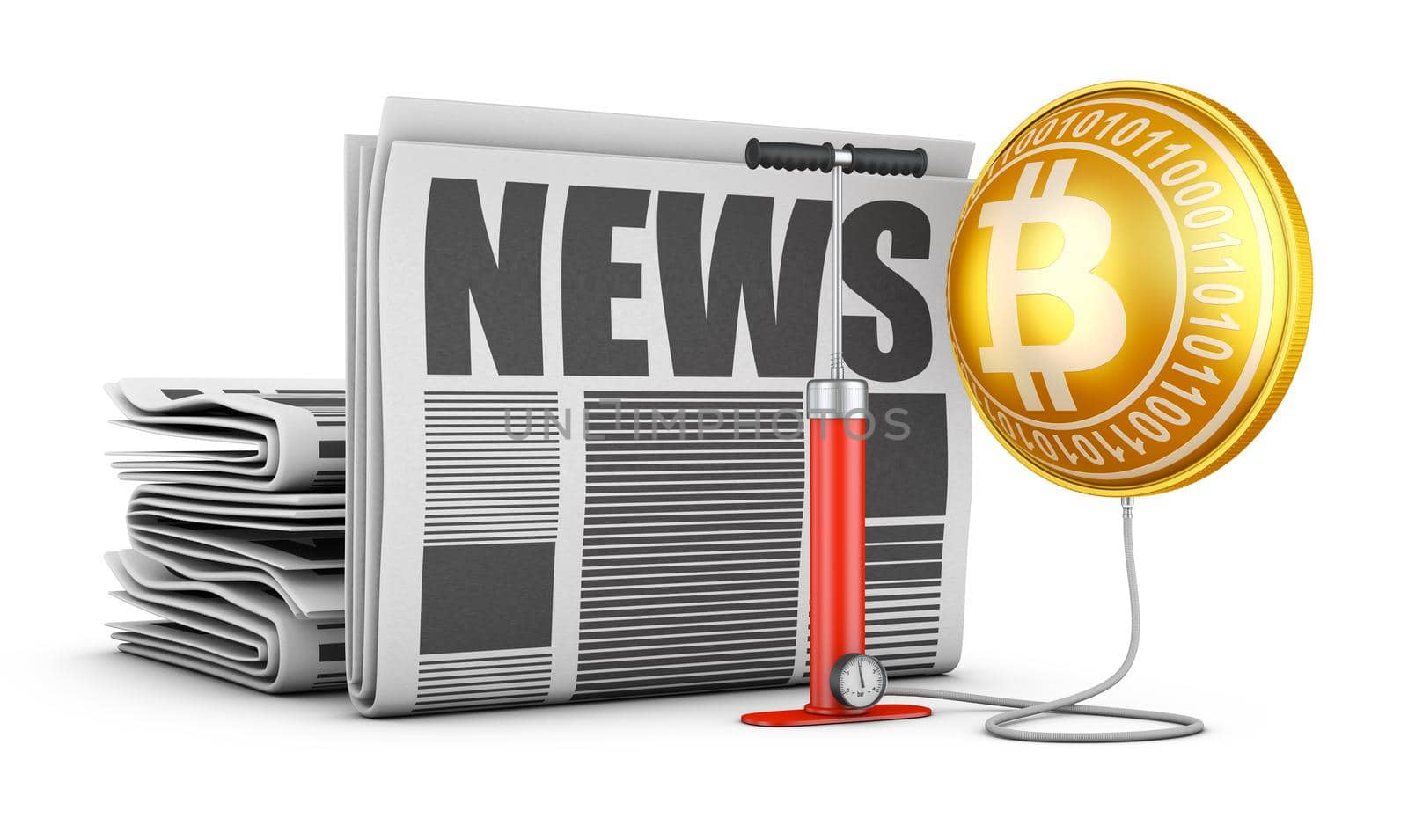 Newspapers, pump and bloated bitcoin. 3d rendering.
