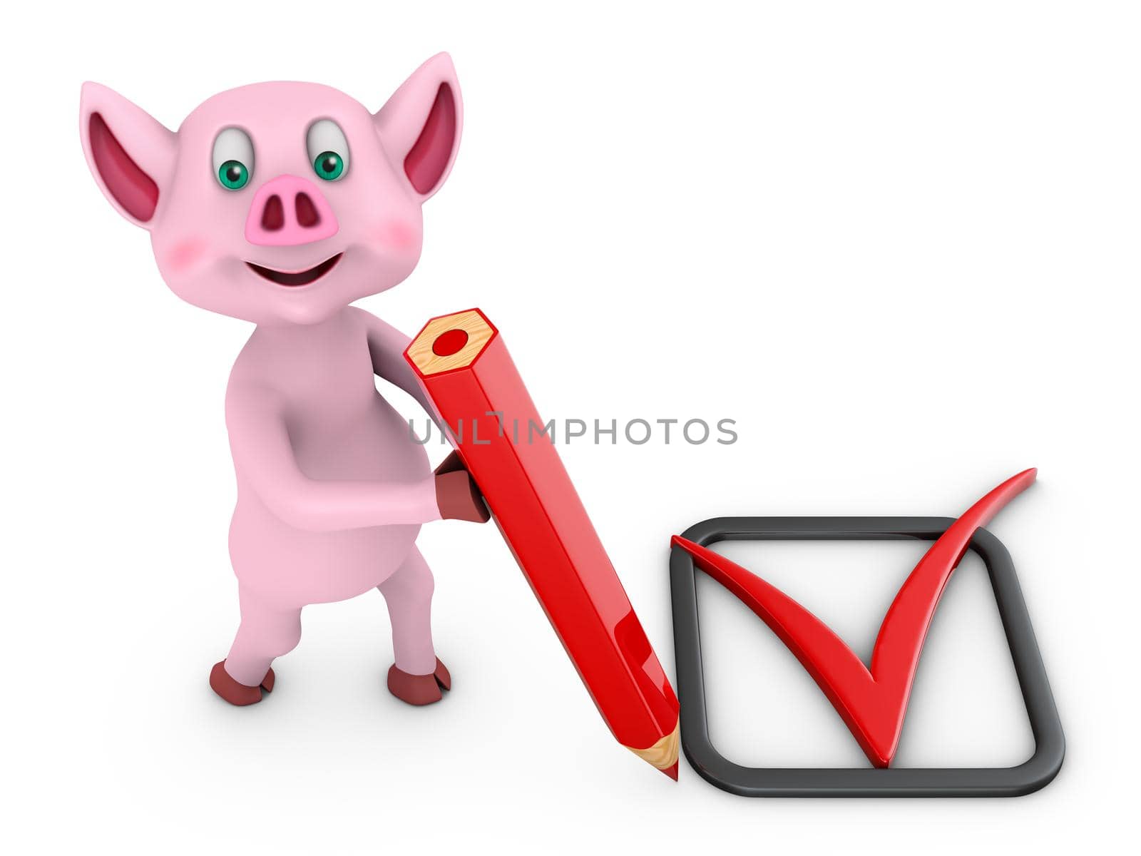 Pink pig with a red pencil. 3d render