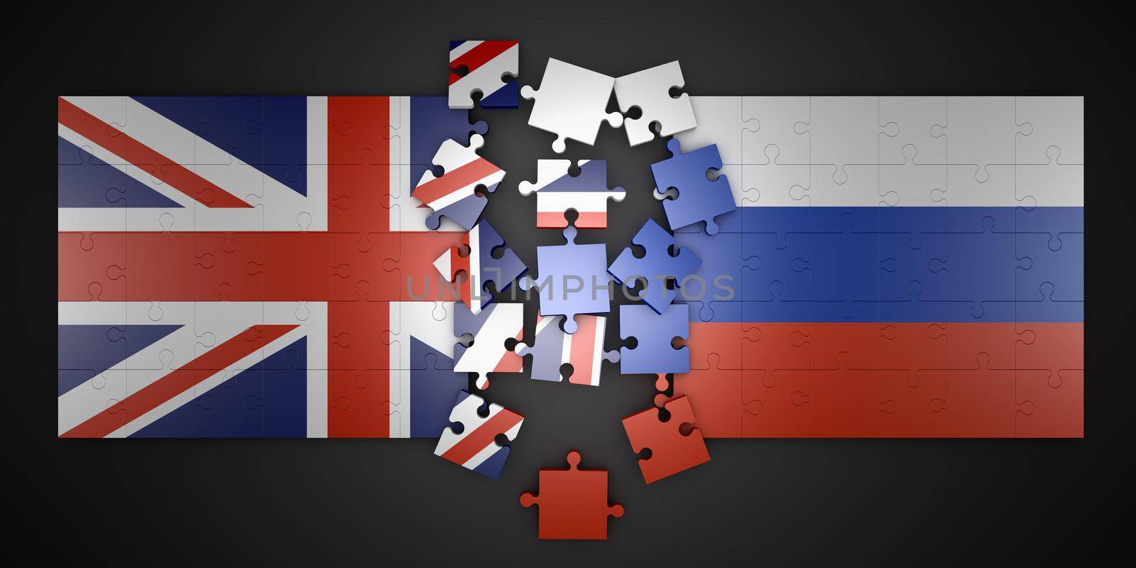 Puzzles in the form of flags of Great Britain and Russia. 3d rendering.