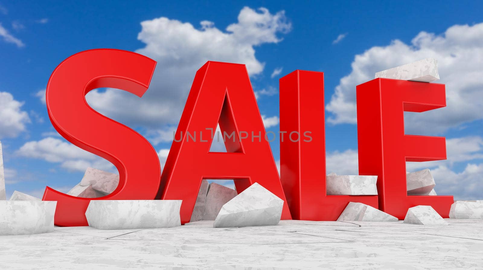 The voluminous figure SALE against the background of the broken ice. 3d rendering.