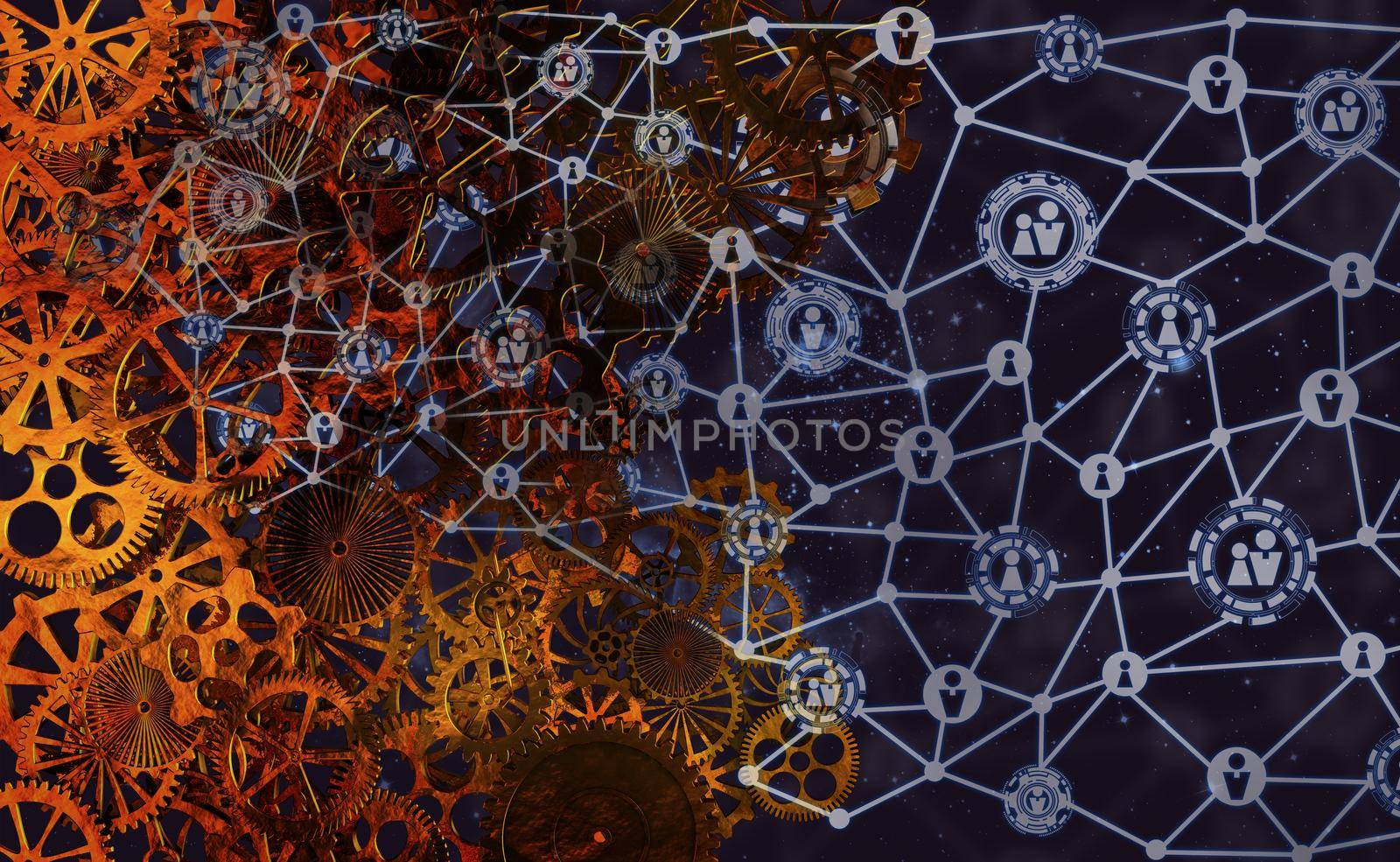 Social media communication and the mechanism of gears in the background of stars. 3d rendering.