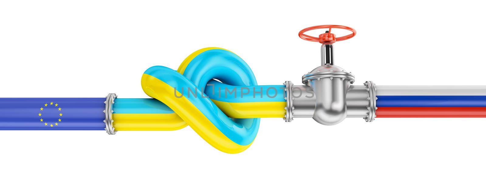 Gas metal pipe with a valve and a knot in the colors of the flags of Russia, Ukraine and the European Union. 3d render