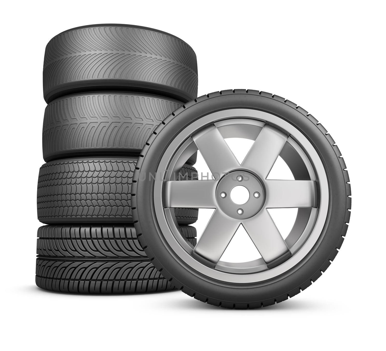 Wheels on a white background. 3d rendering.