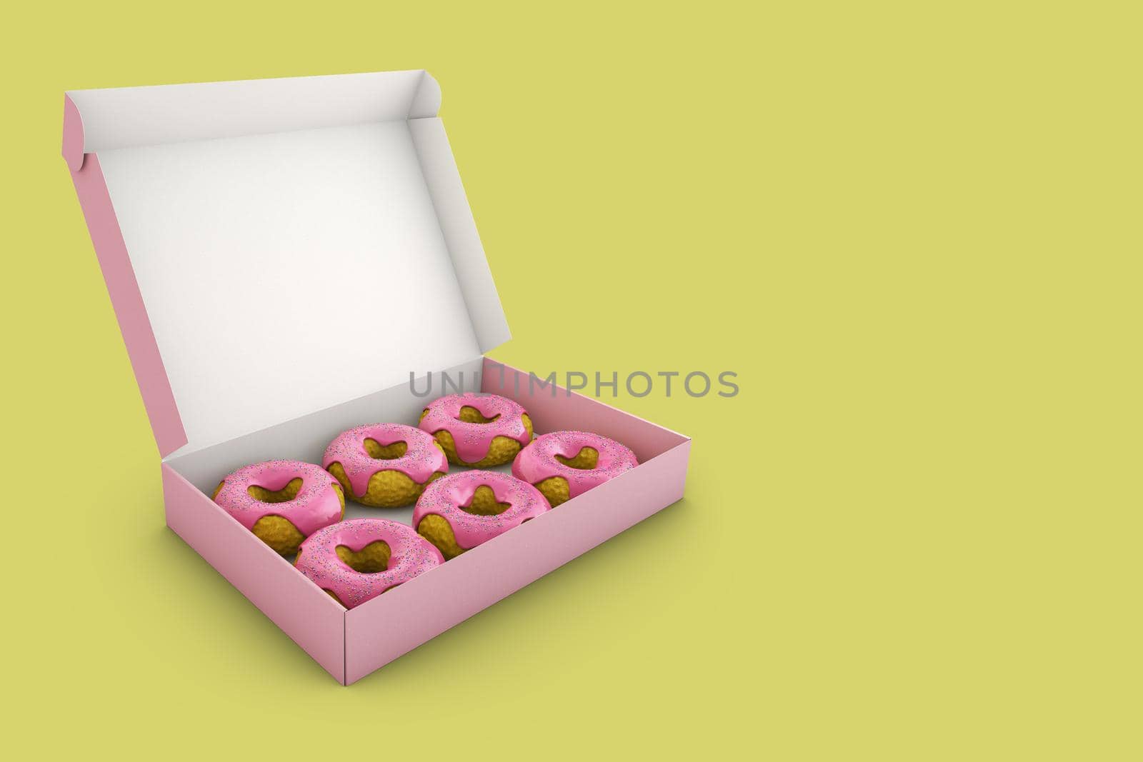 Donuts with pink icing in the box. 3d rendering.