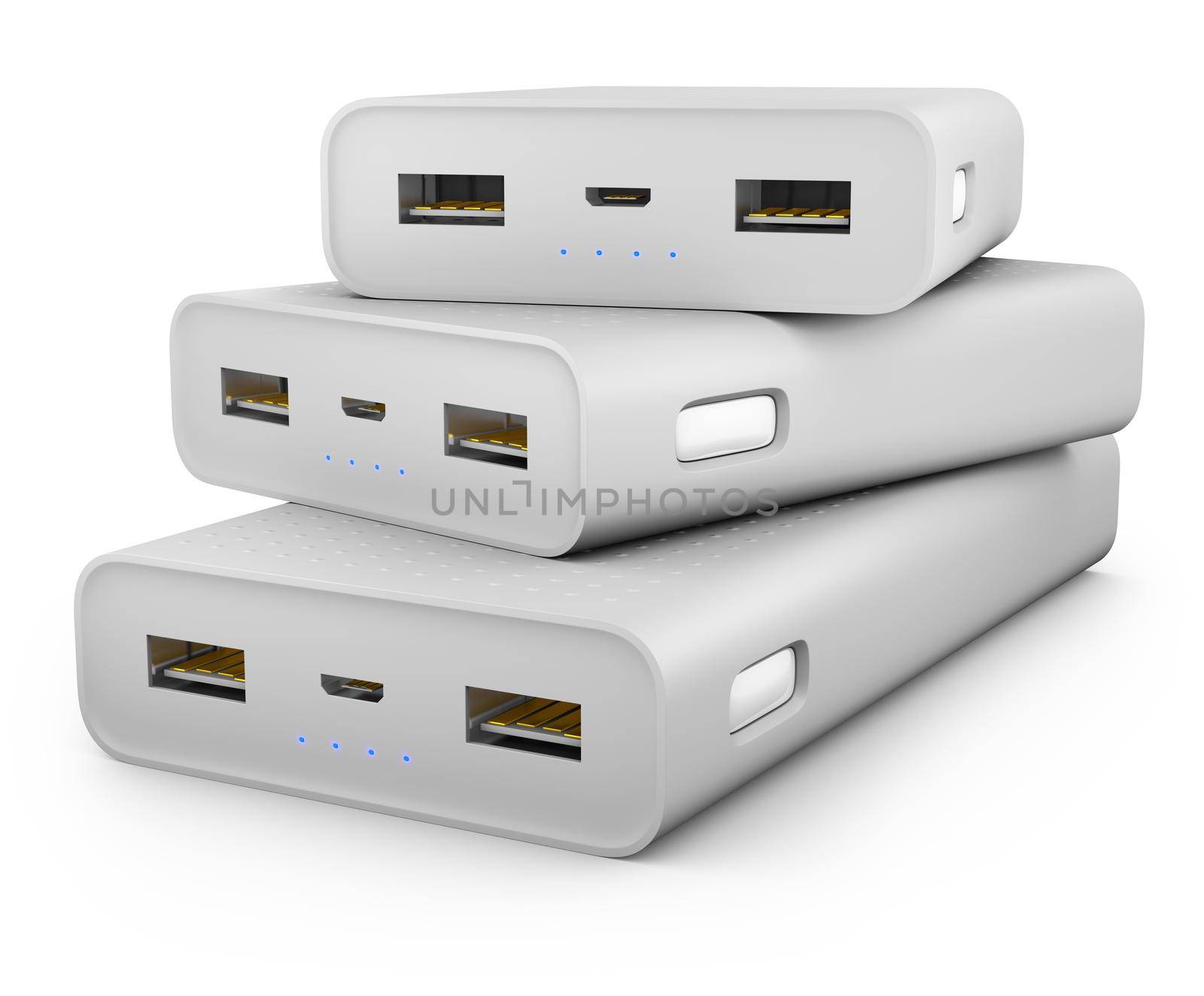 Power banks on a white background.3d rendering.