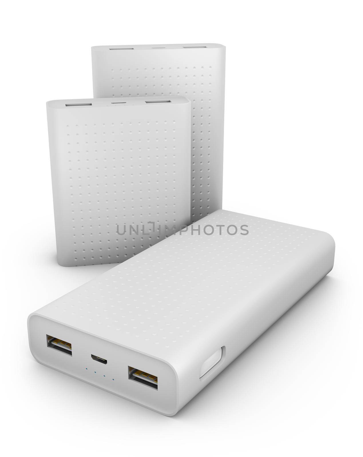 Power banks on a white background.3d rendering.