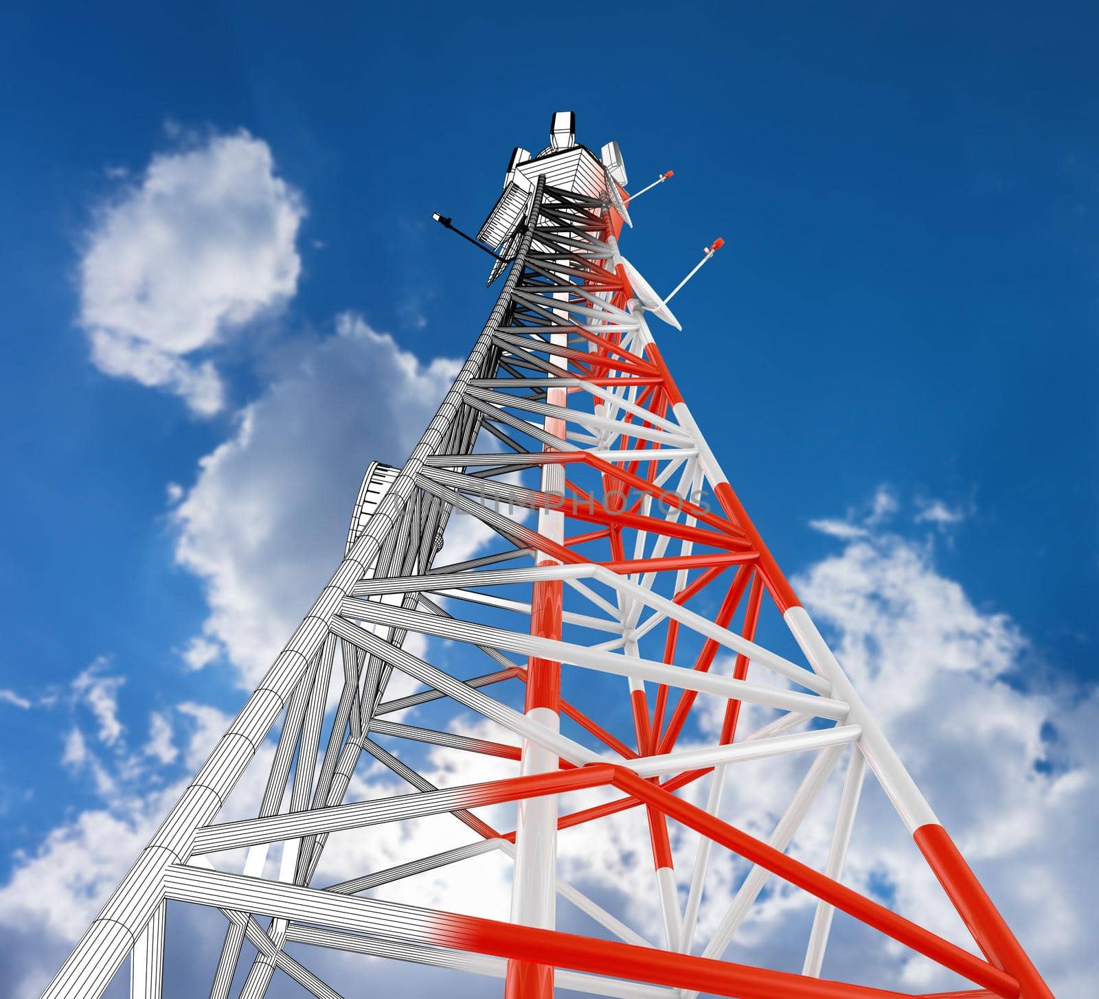 Modern telecommunications tower against the sky. 3d rendering.