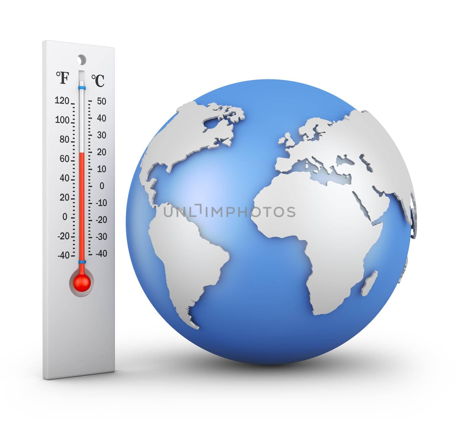 Thermometer and globe on a white background. 3d rendering.