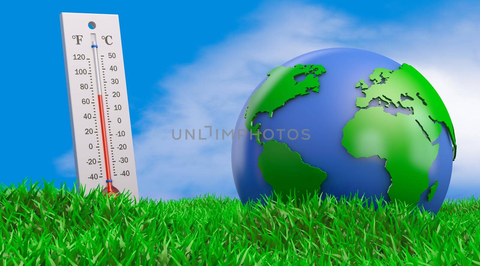 Thermometer and globe on the grass against the sky. 3d rendering.