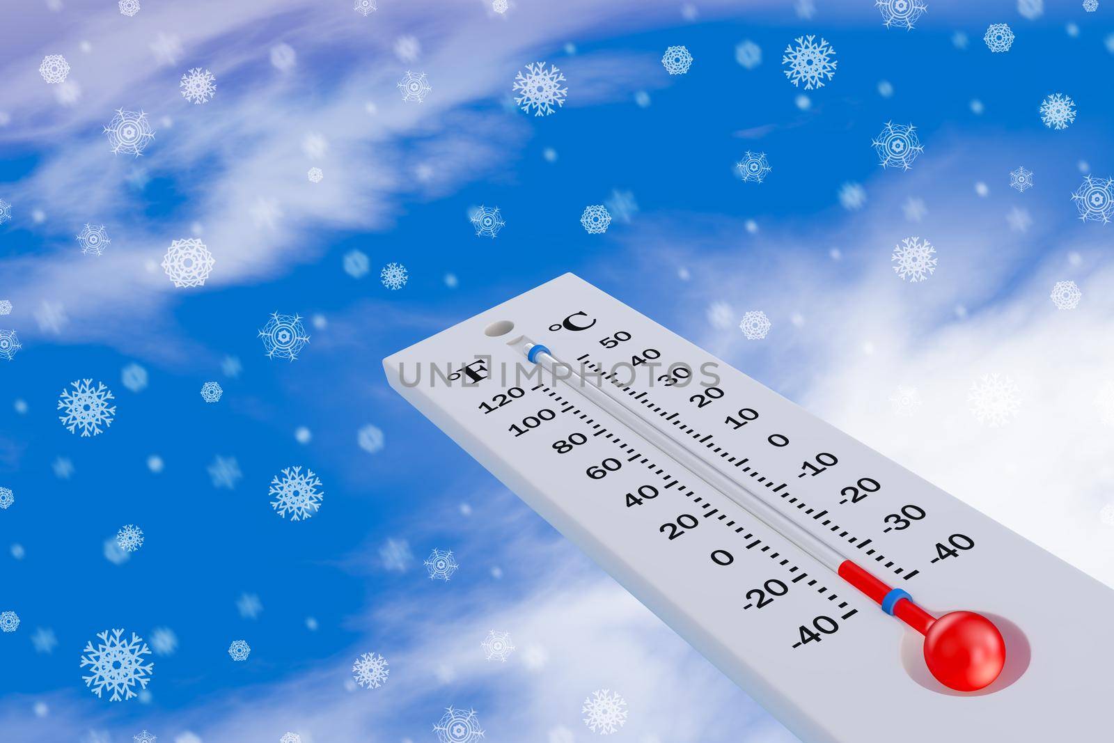 Thermometer in the snow on the background of snowflakes. 3d rendering.