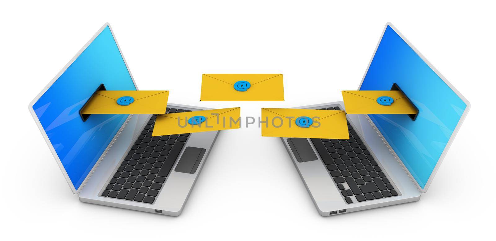 Two laptops from which fly yellow envelopes with an e-mail sign. 3d render