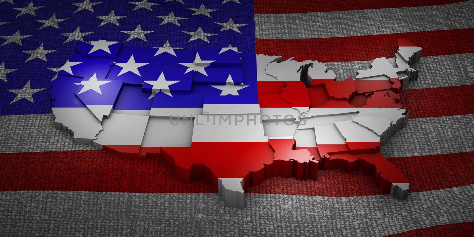 The three-dimensional map of the united states on the flag. 3d rendering.