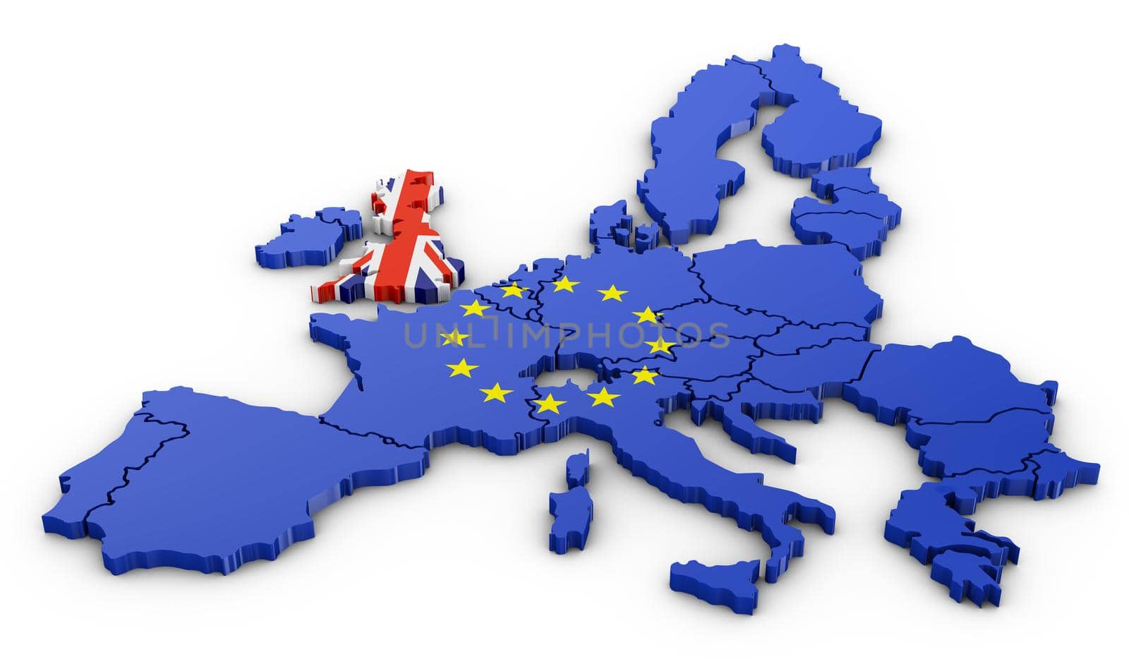 Volumetric map of the UK and the EU. 3d rendering.