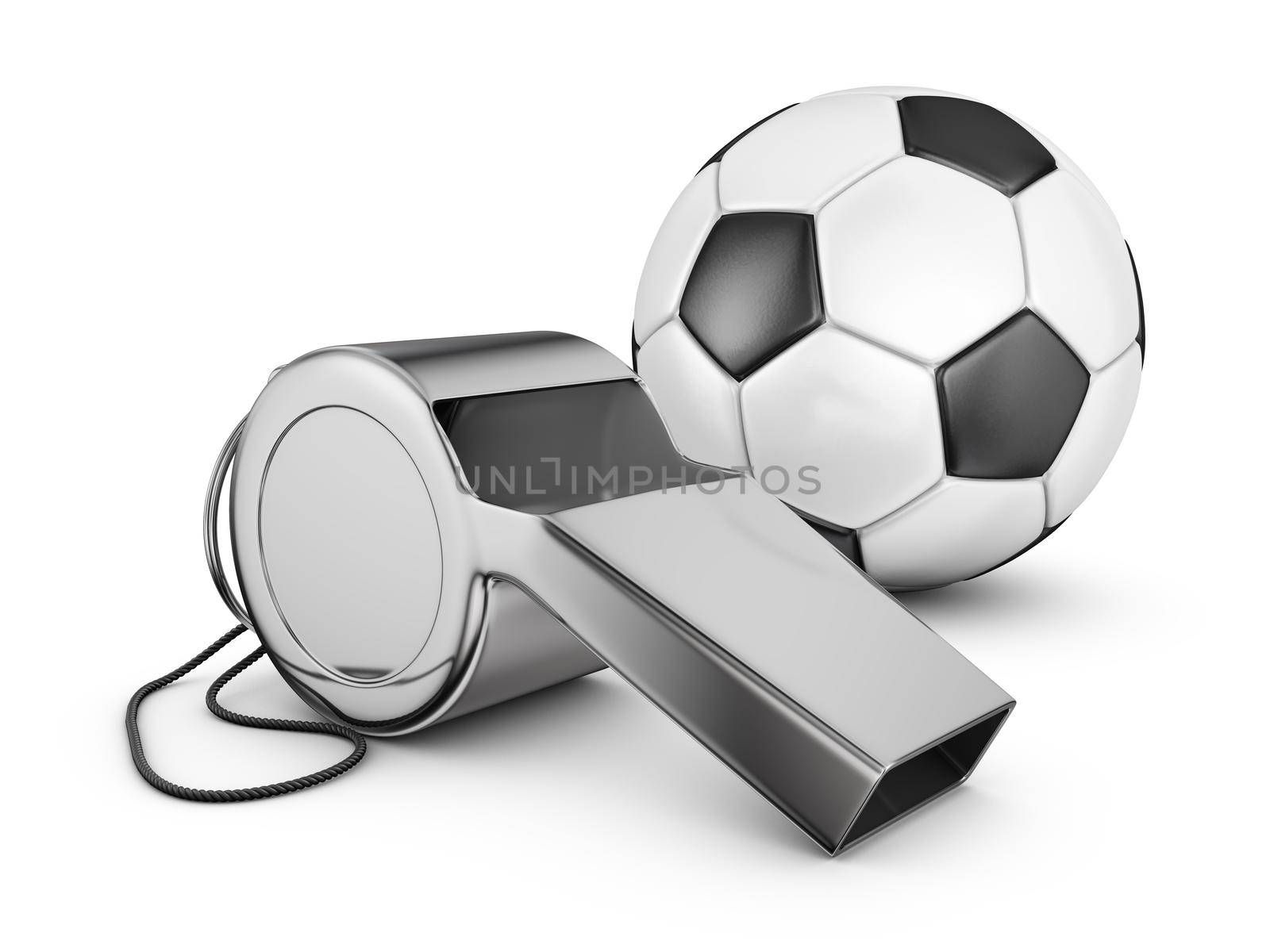 Referee whistle and soccer ball. 3d rendering.